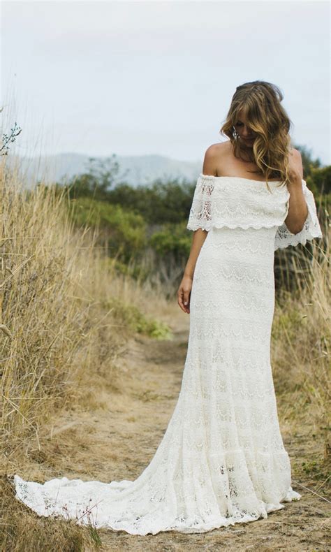 Or, forego the necklace altogether and bring the focus to long, dangling earrings. 1970s Inspired Crochet Lace Off The Shoulder Wedding Dress ...