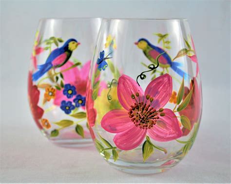 Stemless Wine Glasses Bouquetier Stemless Hand Painted Wine Glass Set Of 2 Holds Home And Garden