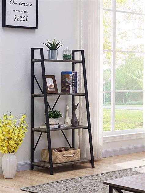 Bon Augure 4 Tier Rustic Ladder Bookshelf Industrial Living Room