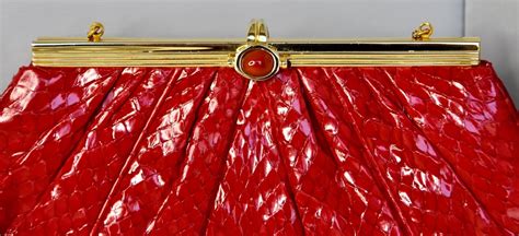 Judith Leiber 1980s Art Deco Red Karung Snakeskin Wit Gem