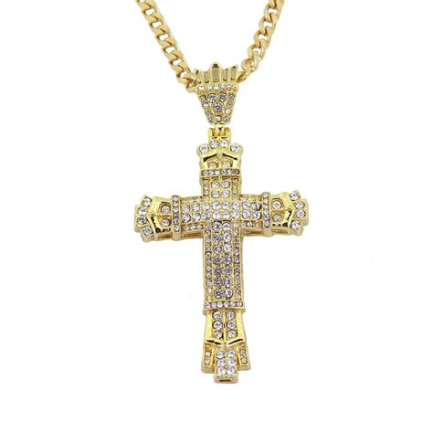 Hip Hop Alloy Gold Color Cross Pendant Necklace Religious Iced Out Rhinestone Crucfix Necklace