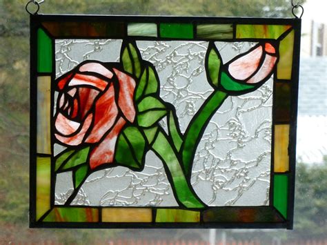 Hand Crafted Red Rose Stained Glass Panel With Green And Brown Border
