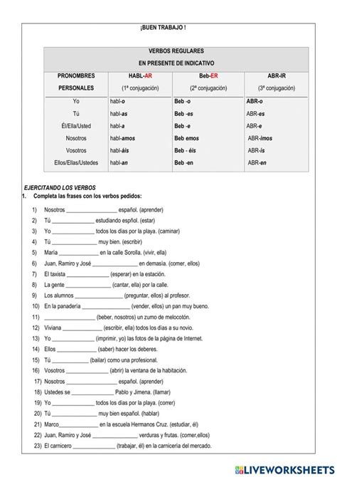 Verbos Regulares En Presente De Indicativo Worksheet Spanish Words