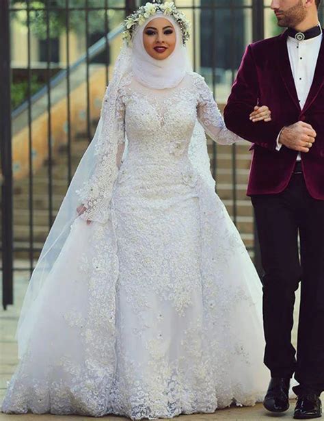 Buy 2017 White Arab Muslim Wedding Dresses Custom Made Long Sleeve White Lace