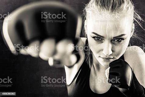 Women Fighter Punching In Black And White Stock Photo Download Image