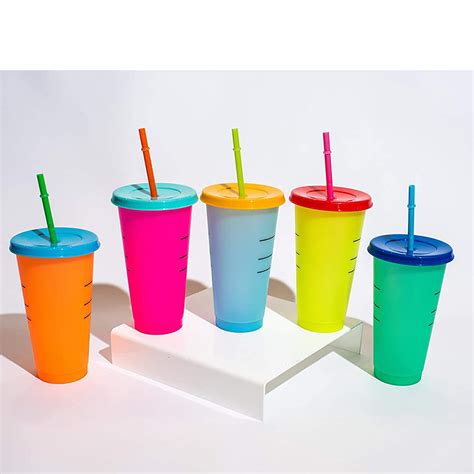 5 Pack Bright Color Changing Cold Cups 24 Oz Reusable Cups With Lids