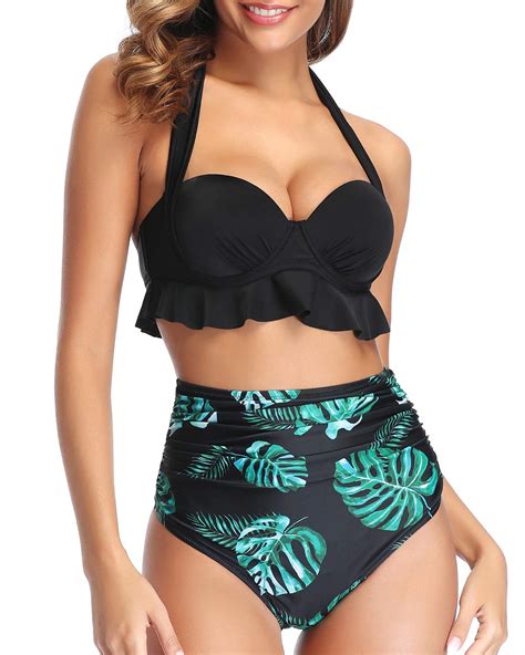 Tempt Me Women Two Piece Push Up Swimsuit Bikini Set High Waisted Ruched Halter Ruffle Vintage