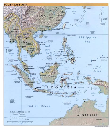 The map shows the countries and main regions of southeast asia with surrounding bodies of water, international borders, major volcanoes, major islands, main cities, and capitals. Large detailed political map of Southeast Asia with relief ...