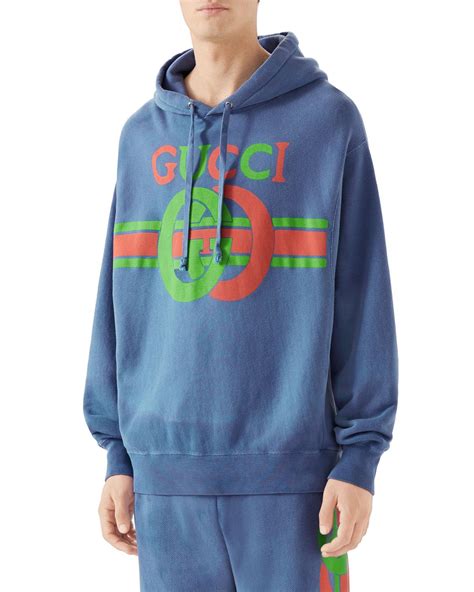 Gucci Mens Striped Gg Logo Washed Hoodie Sweatshirt In Blue For Men Lyst