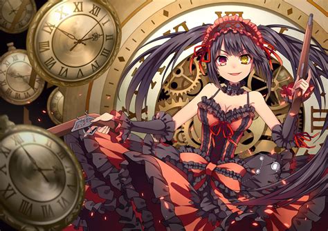 bicolored eyes black hair bow breasts choker cleavage corset date a live dress ego gun headdress