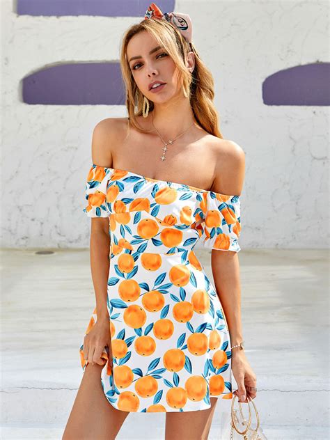 Women Orange Summer Dress Bateau Neck Short Sleeve Strapless Floral