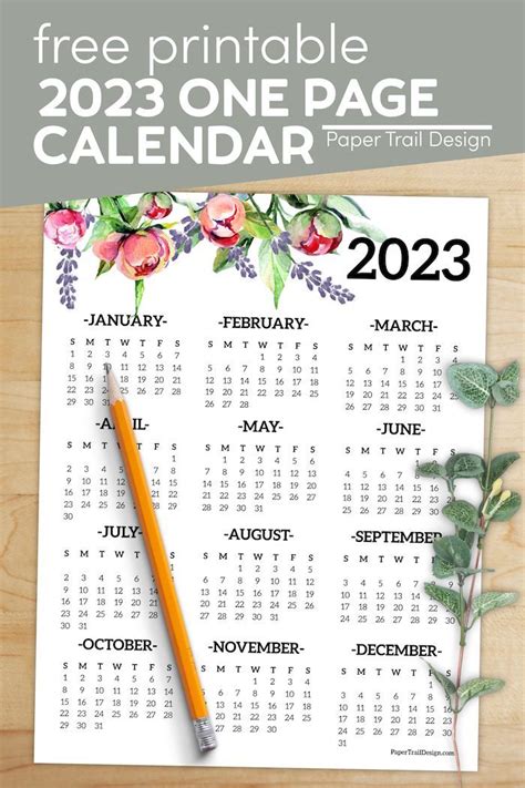 Calendar 2023 Printable One Page Paper Trail Design