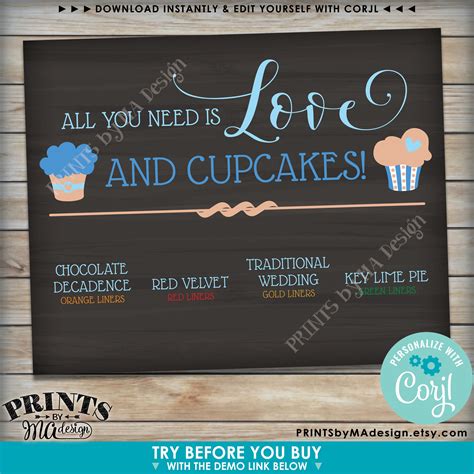Cupcake Menu Sign Wedding Cake Flavors Printable 8x1016x20