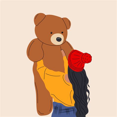 Pretty Woman Hug A Giant Teddy Bear Doll Fashion Girl Illustration