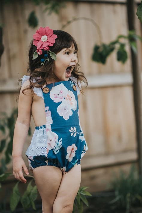 Blue Floral Romper With White Eyelet Lace Little Girl Fashion Baby
