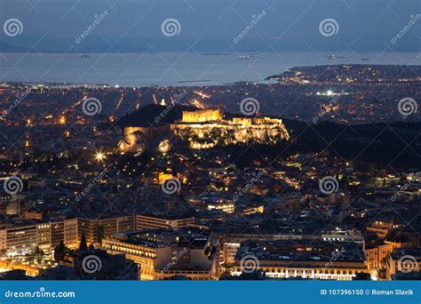 Illuminated Acropolis In Athens Greece At Dusk Stock Photo Image Of