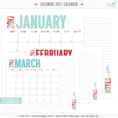 2017 Colorful Calendars Free Printables