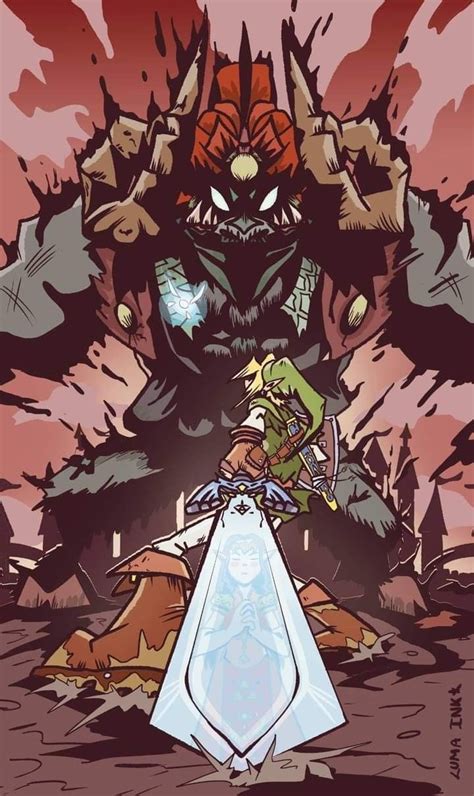 The Legend Of Zelda And Link In Front Of A Giant Monster With Its Eyes Open