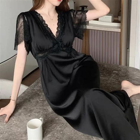 Summer New Sexy Nightgown Satin Long Sleep Dress For Women Lace Patchwork Nightdress Intimate