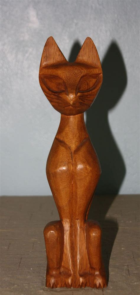 Vintage Carved Wood Cat 12 Cat Sculpture Polynesian Style Tiki Carved