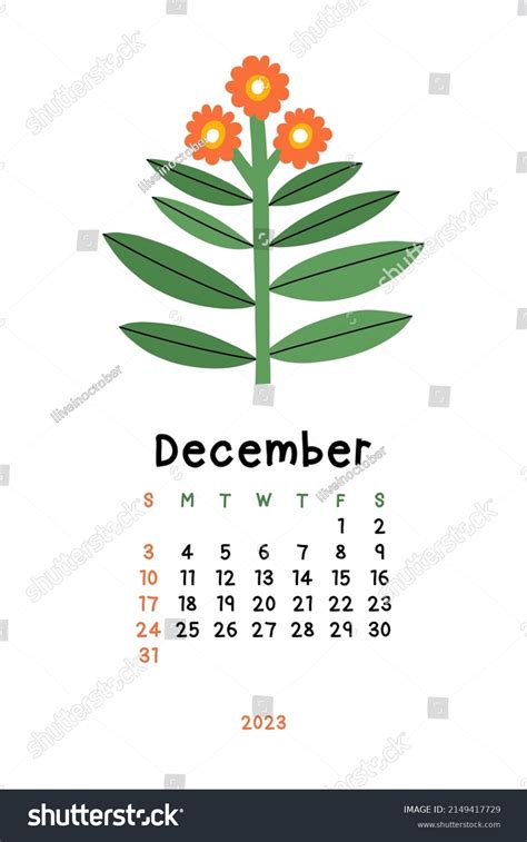 Beautiful Floral Calendar December 2023 Botanical Stock Vector Royalty