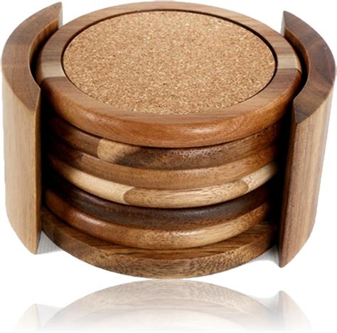 West5products Set Of 6 Round Cork And Acacia Wood Coasters In Holder Uk Kitchen And Home