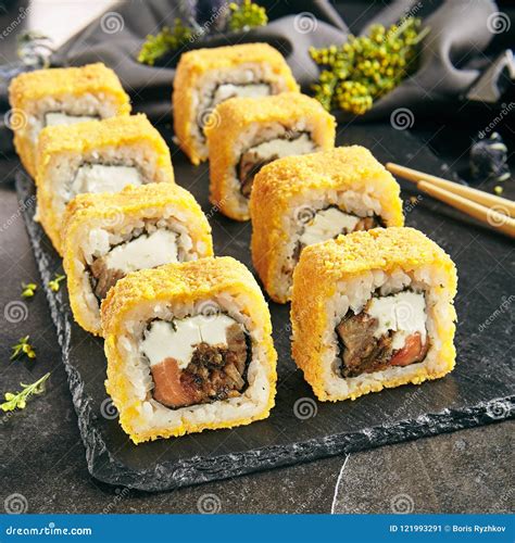 Hot Crispy Deep Fried Sushi Rolls Stock Image Image Of Dark Meal