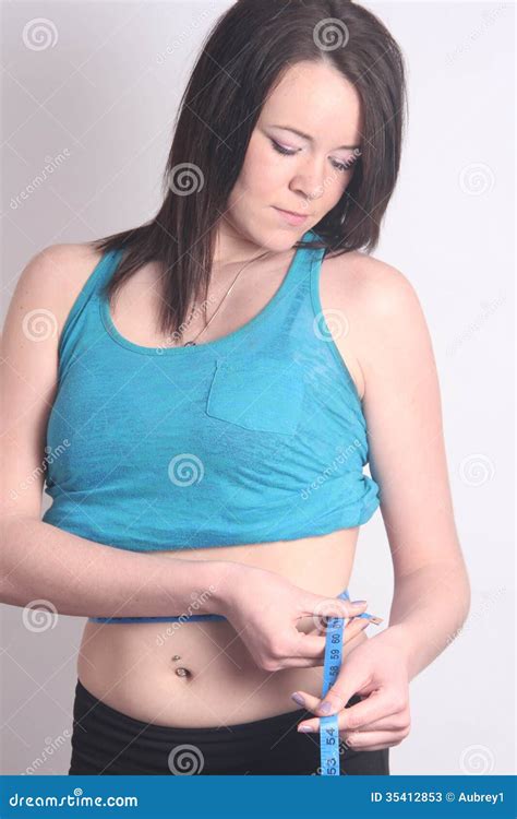 Beauty In Blue Singlet Meausuring Waist Stock Image Image Of Beauty