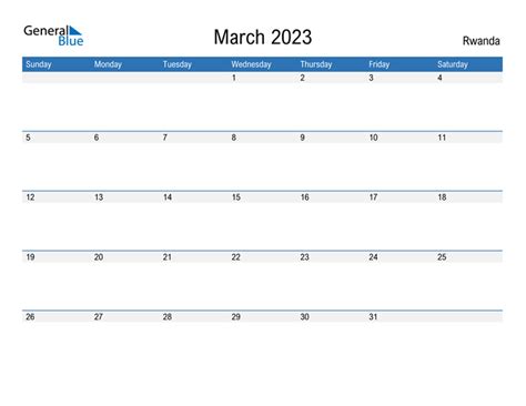 Rwanda March 2023 Calendar With Holidays
