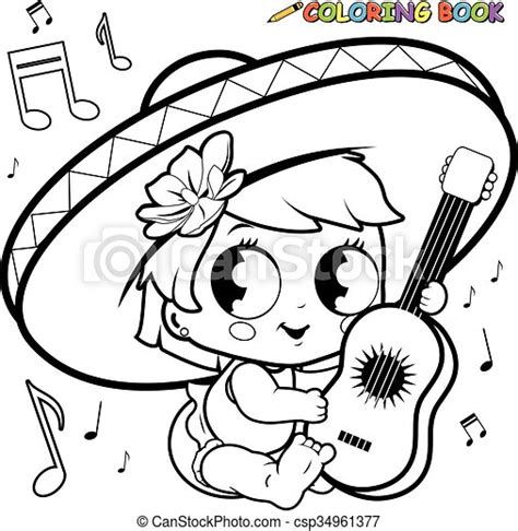 Mariachi Baby Girl Playing Music With Guitar Vector Black And White