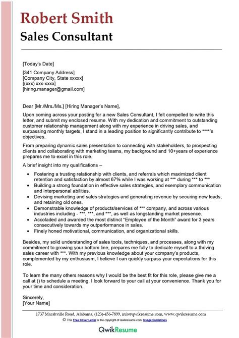 Sales Consultant Cover Letter Examples Qwikresume