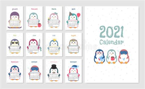 Children S Calendar 2021 Cute Cartoon Penguin Stock Vector