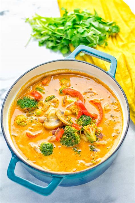 Curry is a variety of dishes originating in the indian subcontinent that use a complex combination of spices or herbs, usually including ground turmeric, cumin, coriander, ginger, and fresh or dried chilies. Red Curry Coconut Soup - Contentedness Cooking