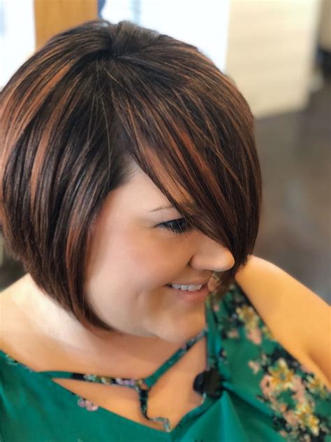 Short Stacked Bob Haircut With Copper Red Highlights Short Stacked