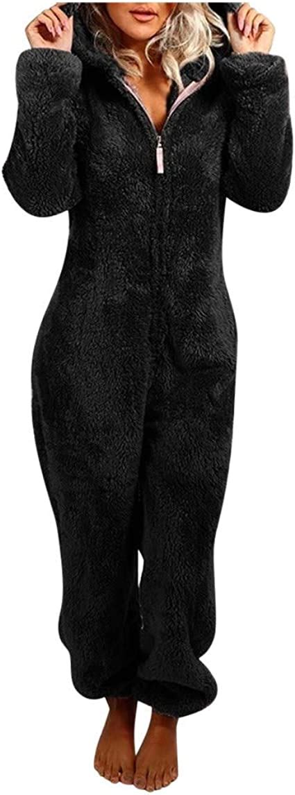 vbng womens cute sherpa jumpsuit fleece onesie fuzzy pajama zipper plush hooded