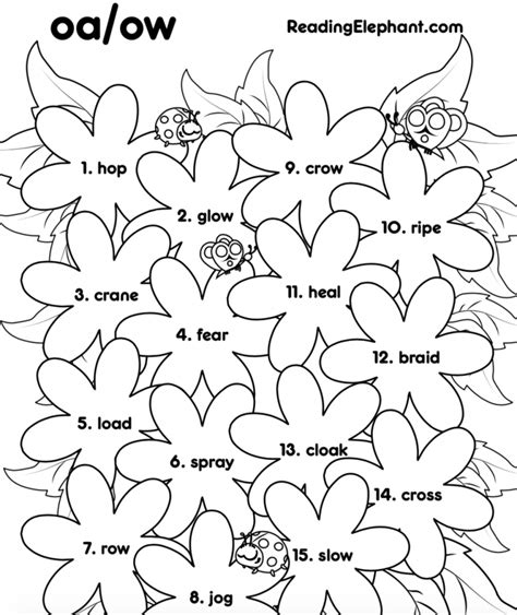 Oa Ow Worksheets Flower Coloring Activity Reading Elephant