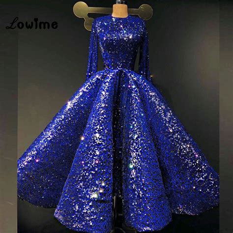 Blue Sequin Prom Dress Long Sleeve