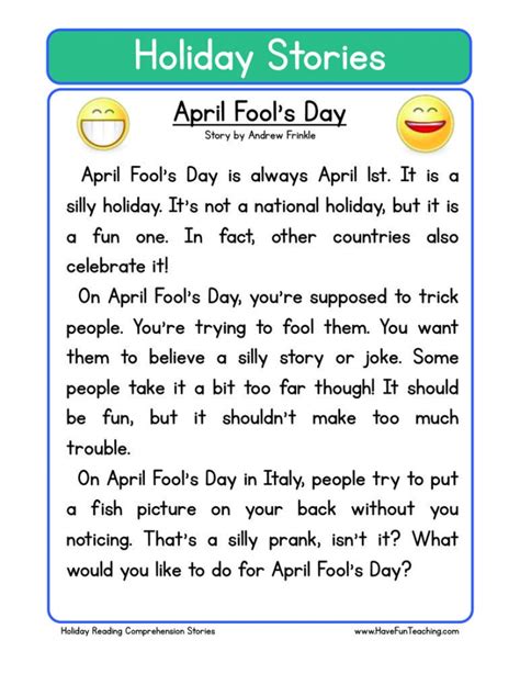 April Fools Day Reading Comprehension Worksheets Worksheetsday