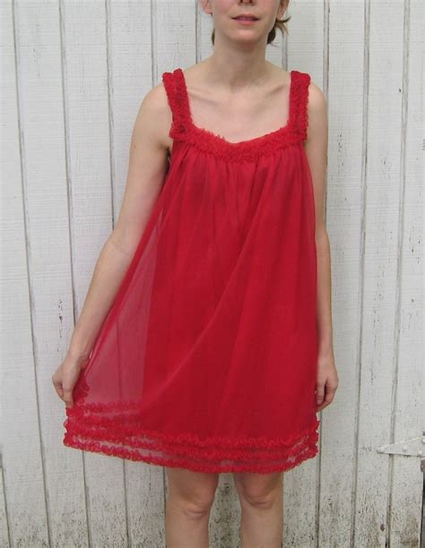 Vintage 60s Nightgown Ruffle Pin Up Lingerie Red By Kerrilendo