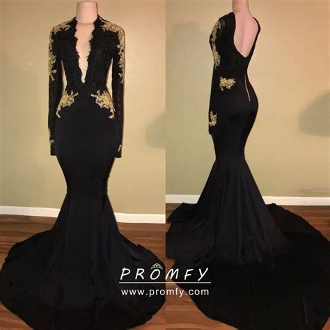 Gold Lace Appliqued Black Long Sleeve Formal Dress Promfy
