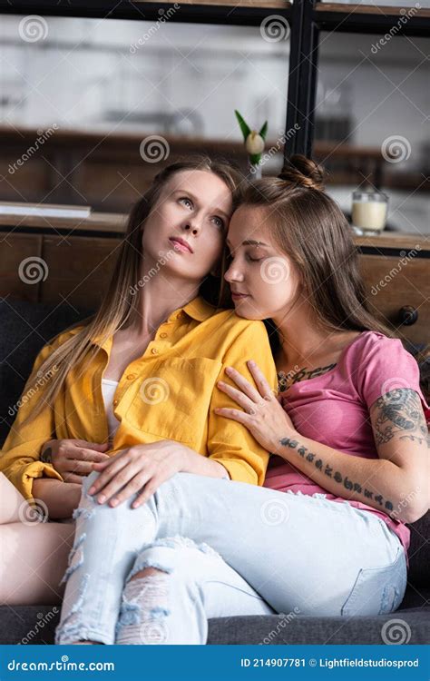 Pretty Lesbians Kissing Gently First Love Affectionate Attitude To Each Other Stock