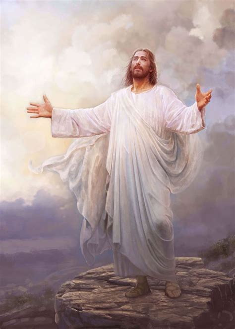Painting Of Jesus Christ Arms Out Stretched Trailing Clouds Of Glory