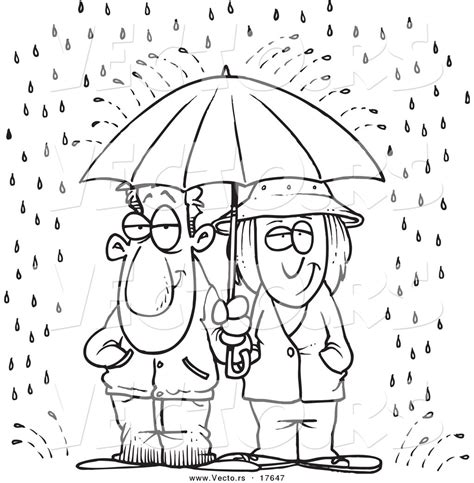 Vector Of A Cartoon Couple Sharing An Umbrella In The Rain Coloring