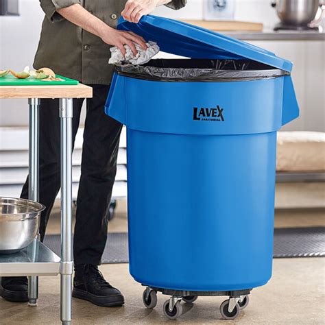 Lavex Janitorial 55 Gallon Blue Round Commercial Trash Can With Lid And