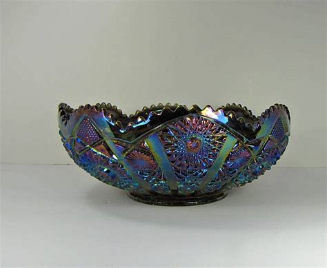 Vintage Carnival Glass Fruit Bowl Amethyst Iridescent Imperial Bellaire Hobstar Arches By