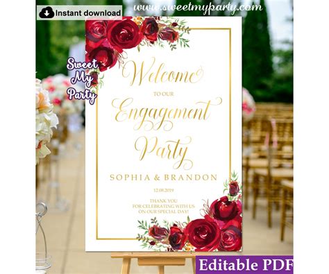 Red Roses Engagement Party Welcome Sign Printable Templatered Roses