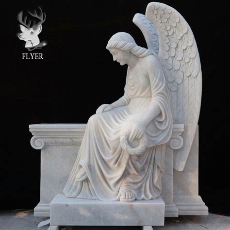 Cemetery Memorial Angel Sculpture Stone Carving White Marble Sitting