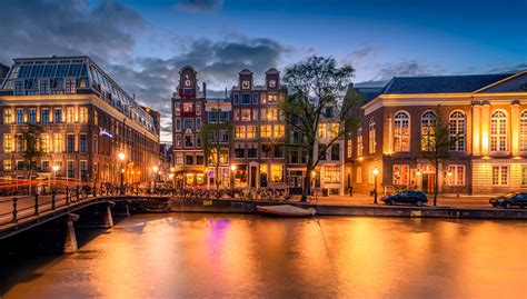 Image Amsterdam Netherlands Bridges Rivers Evening Street Lights