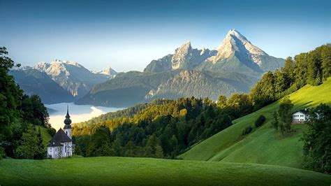 Lake Koenigssee Bavarian Alps Clouds Landscape Trees Hurch Meadow
