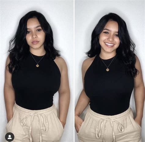 Two Pictures Of A Woman In Black Top And Khaki Pants Smiling At The Camera